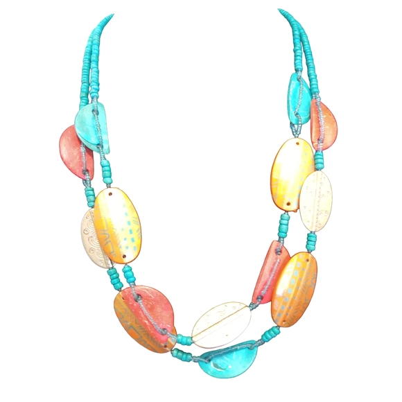 Vibrant Turquoise and Orange Beaded Necklace With Silver Tone Accents - Picture 6 of 6